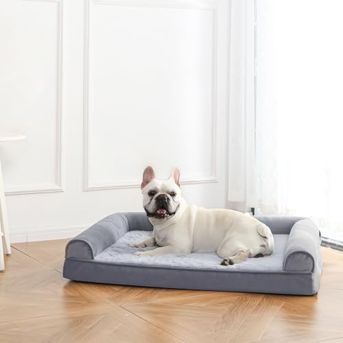 Image of Amazon Basics Living Room Couch Dog Bed with Premium Foam, Non-Slip Bottom, Removable Washable Cover, Pressure-Relief Support for Dogs up to 55lbs, Large (36 inch x 27 inch), Grey
