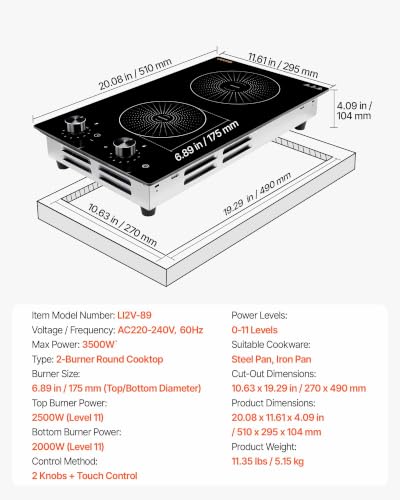 Image of VEVOR Induction Cooktop 12inch 2 Burners Built-in Electric Stove 220V 3500W, Induction Burner for Kitchen, with 11 Power Levels, Knob Control, Ceramic Glass Surface, Child Lock