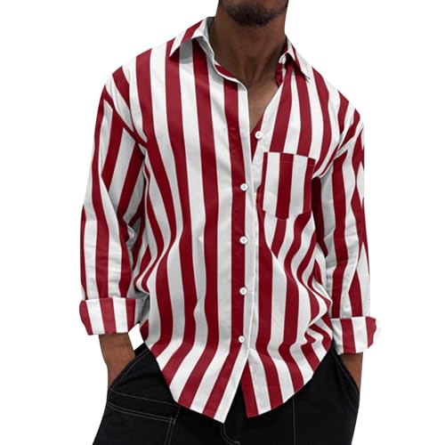 Generisch Herrenhemden Langarm, Freizeithemd Regular Fit Gestreifte Business Oberhemd Button Down Kariertes Hemd (4XL, Rot)