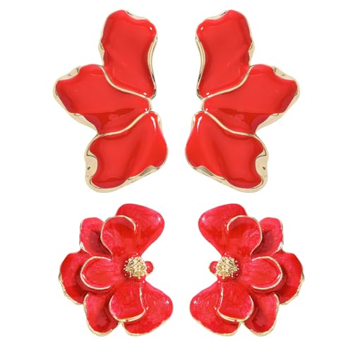 2 Pairs of Red Flower Petal Dangle Earrings for Women, Unique Irregular Floral Design Earrings, Cute Trendy Jewelry Set for Party Wedding Gift