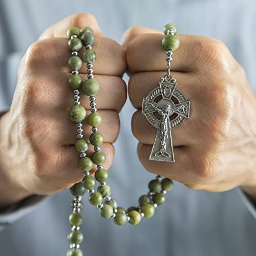 St Patrick Green Jade Rosary, Irish Rosary with Stainless Steel Celtic Cross and Medal4