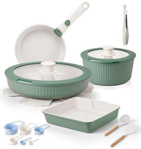 Image of KOCH SYSTEME CS 12 Pcs Ceramic Cookware Set with Detachable Handle, Nonstick Pots and Pans Set, Induction /Dishwasher Safe Pots and Pans, Space Saving Kitchen Set with Tamagoyaki Pan & Utensils, Green
