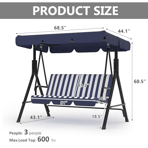 Image of Garvee Outdoor Porch Swing with Adjustable Canopy, 3-Seat Patio Swing Chair with Stand, Heavy Duty Outdoor Swing for Adults, Metal Frame Patio Swing for Garden, Backyard & Poolside,Striped Blue