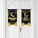 2PCS Eid Mubarak Decorations Ramadan Kareem Hanging Door Sign Ramadan Mubarak Banner Party Decorations Welcome Wall Banner for Party Supplies