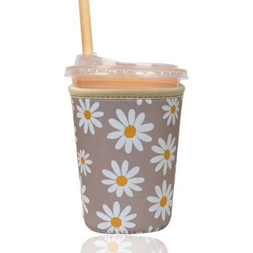 Image of Reusable Insulated Sleeve for Iced Coffee Cup, Coffee Neoprene Sleeve for Cold & Hot Drinks, Beverage Holder for Iced Coffee (Sunny Daisies, Small: 16-18oz)