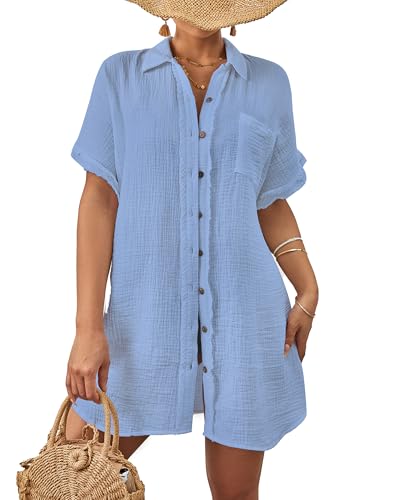 Bsubseach Women Swimsuit Coverup Button Down Bathing Suit Cover Ups for Swimwear Short Sleeve Bikini Beach Shirt