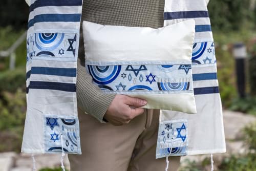 Yair Emanuel Tallit Prayer Shawl Gadol + Bag + Kippah + Atara Set Embroidered RAW SILKDAVID Star Rainbow Blue (Bundle)4