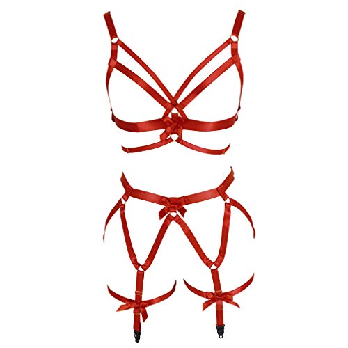 PETMHS Frauen Punk Body Harness Aushöhlen Brust Riemchen Tops Bralette Schmetterling Rahmen Taille Strumpfband Gürtel Set Rave Kleidung (Weinrot)