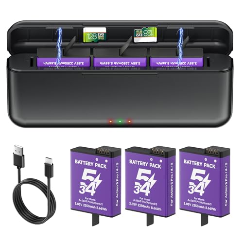 Palogreen Osmo Action 5 Pro/4/3 Cargador de Baterías Kit - 3 Pack 2250mAh Baterías para dji Osmo 360 / Action 5 Pro/Action 4 / Action 3, Estuche de Carga rápida USB con Cable Tipo C