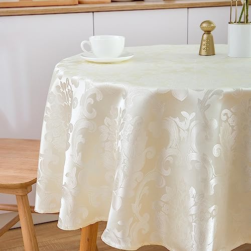SPRICA Round Jacquard Tablecloth 150cm Classic Flower Pattern Thick Heavy Weight Soft Table Cover, Machine Washable, Beige