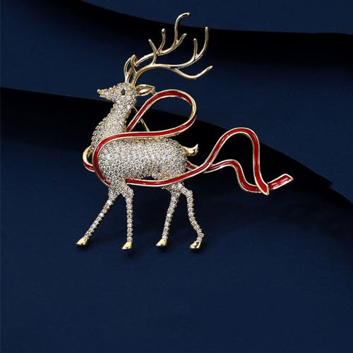 Image of Rhinestone Deer Xmas Brooch Pin for Women Girls Gold Tone Fashion Red Ribbon Crystal Elk Brooches Lapel Pins Cute Christmas Holiday Festival Decoration Suit Dress Accessories Jewelry Gift