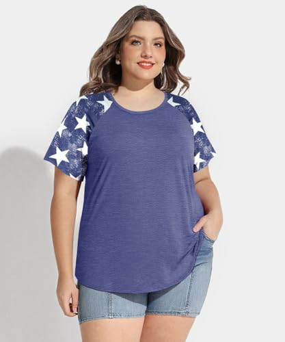 Image of CARCOS Plus Size Tops for Women Short Sleeve Raglan Striped Tee Color Block Crewneck /V Neck Tunic Loose Fit Summer XL-5XL