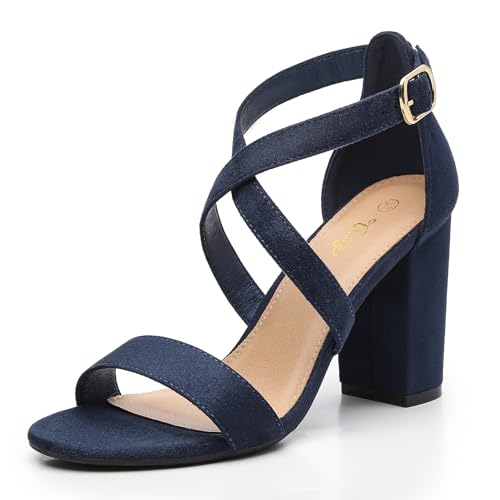 Image of Trary Women's Block Chunky Heel Sandals for Women Open Toe Adjustable Cross Ankle Strap Dress Shoes Walking Wedding Evening Bridal Heels