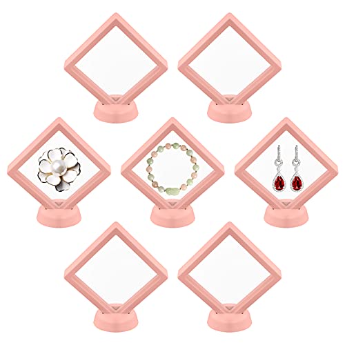 ルースケース アクセサリーケース 9x9cm 7個 セット ディスプレイケース コレクションケース 宝石 原石 フローティングフレーム 写真立て 透明フィルム バッジ収納 酸化防止 標本 アンティーク ピアス 指輪 台座付き (ピンク)