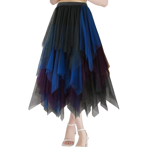 YOUYIKE Tüllrock Damen Lang Plissiert Zipfel Hexenrock Bunt Vokuhila Gothic Pfau Kostüm Feenkleid Korsagenkleid Stufen Ballonrock