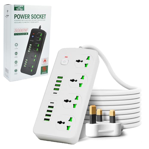 Surge Protector Power Strip-SKY VIEW Flat Plug Extension Cord With 4 Outlets And 8 USB Ports And 2 Type-C Ports,2M Power Cord(3000W/16A/110V-265V)PC Flame Retardant Material,Pure Copper Core (White-2)