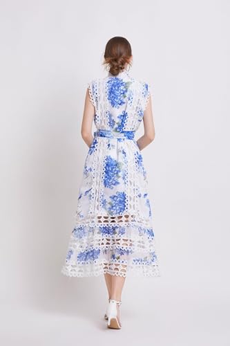 Image of LAI MENG FIVE CATS Women's Sleeveless Hollow Out Lace Button Up Casual Midi Party Dress with Belt