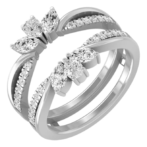925 Sterling Silver Marquise & Round Cut White Diamond Double Row Fashion Engagement Wedding Enhancer Wrap Ring Guard for Women's In 14K White Gold Finish (9.5)