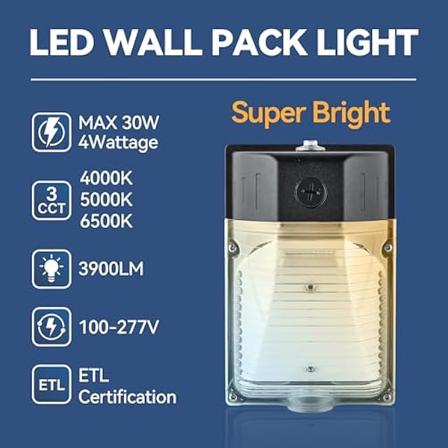 30W LED Wall Pack Light with Photocell 4Pack, 3CCT 4000/5000/6500K, 15/20/25/30W Selectable, LED Wall Lights Porch Lights Outdoor Security Lighting for House Garage Yard Garden, 100-277VAC, ETL Listed