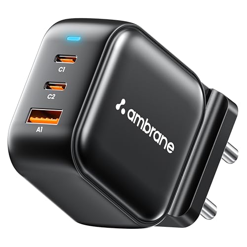 Ambrane 65W Charger Adapter, 3 Ports - 2 Type C & 1 USB for Samsu...