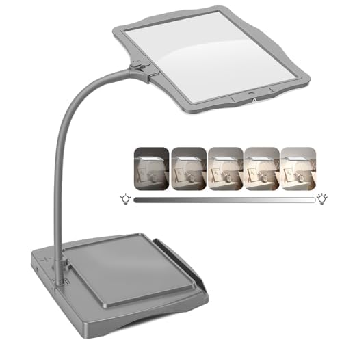 Large Clear Magnifying Glass with Stand, 50 LED Beads Brightness Adjustable, Anti Dazzle Design, 10 Hours Usage, Tabletop Or Handheld Reading Observation Magnifier with Base (Gray)