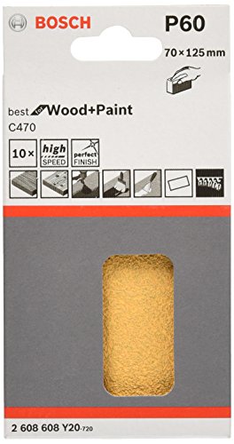 Image of Bosch Professional Hand Sanding Sheet Best For Wood & Paint, Grit Size 60, L X W : 5''125 Mm X 70 mm, Pack of 10