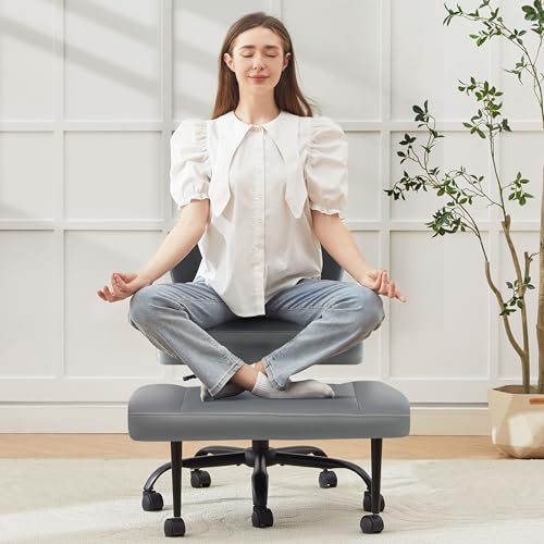 Image of Criss Cross Legged Office Chair with Wheels,Swivel Meditation Chair for ADHD,Ergonomic Cross Legged Desk Chair with Thicken Adjustable Footstool,PU Sitting Fidgeting Kneeling Chair for Home Yoga Grey