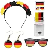 Deutschland Fanartikel Damen Set 5 Teilig Schwarz Rot Gelb, Fanartikel Deutschland mit Haarreif Ohrringe Sonnenbrille Gesichtsschminke Aufkleber, Deutschland Deko für Fußball Party EM WM 2026