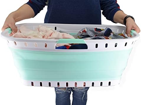 SAMMART 44L Collapsible Plastic Laundry Basket - Foldable Pop Up Storage Container / Organizer - Portable Washing Tub - Space Saving Hamper / Basket (1, White/Light Green)