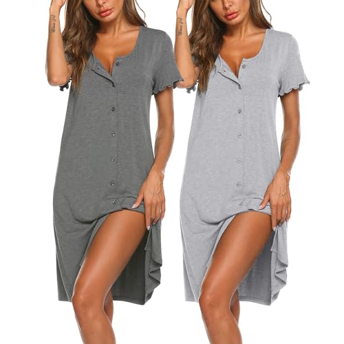 Ekouaer 2er Nachthemd Damen Kurzarm Knöpfen Schlafshirt Kurz Sleepshirt Knopfleiste Nachtwäsche, Grau + Hellgrau XL