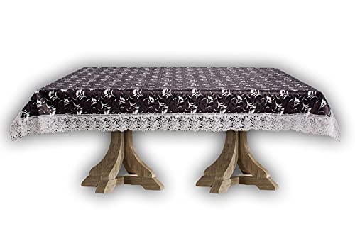 Image of The Furnishing Tree Waterproof PVC Rectangle Shaped Center Table Cover WxL 40x60 inches Floral Pattern Dark Brown with White Border lace