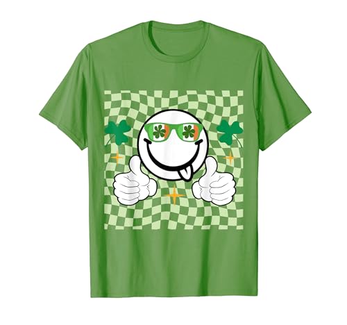 Lucky St Patricks Day Vibes Groovy Hippie Smile Shamrock T-Shirt