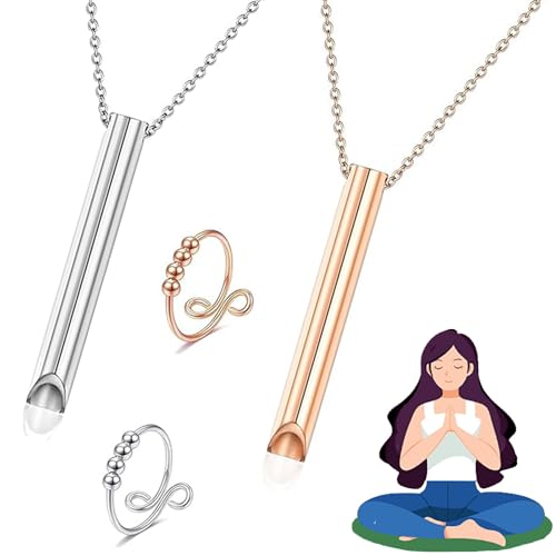 NAMIC Colar de alívio de 4 peças, anéis de ansiedade, ajustável, apito, pendente, aço inoxidável, colar de ansiedade para exercícios de respiração, meditação, mulheres e homens
