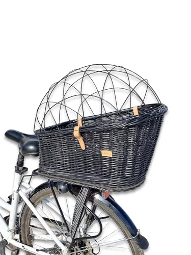 Wiklibox Natural Wicker Dog Bike Basket - 100% Organic Rattan Pet Carrier with Protective Grille - Eco Friendly Design - Soft Cotton Cushion & Mounting Bracket for Secure Bicycle Rear Luggage Rack