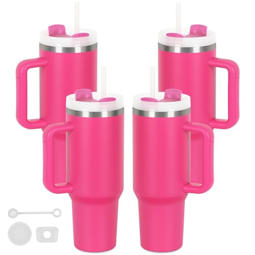 Lot de 4 gobelets de 1200 ml avec poignée, double paroi isotherme sous vide en acier inoxydable, avec couvercle et paille, gobelets de 1200 ml avec bouchon anti-déversement en silicone (rose vif)