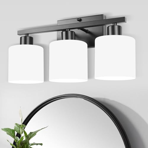Image of SILAMPDI Black 3-Light Bathroom Vanity Light Fixtures Over Mirror, Modern Wall Sconces with Milky White Glass Shades for Living Room Hallway Cabinet, E26 Base(Bulbs Not Included)