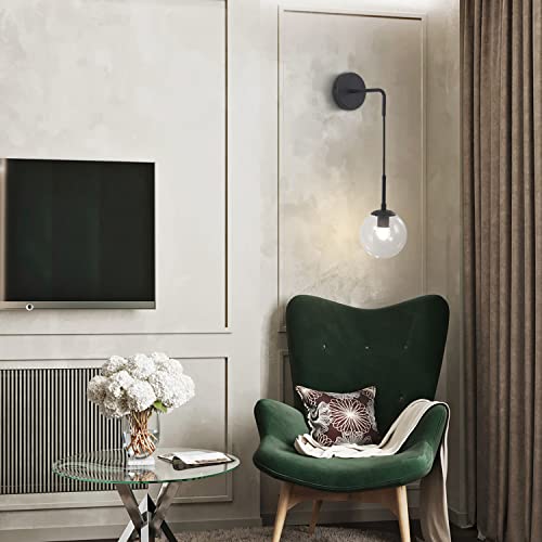Image of KCO Lighting Black Globe Wall Sconce Set of 2 Mid Century Modern Wall Light with Clear Glass Shade Vintage Adjustable Wall Lamp for Bathroom Mirror Bedside Stairs (Clear)