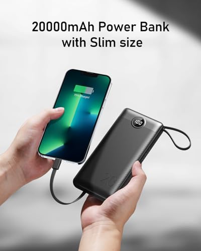 VEEKTOMX Power Bank 20000mAh z wbudowanymi kablami, PowerBank USB C 2.4A Szybkie ładowanie zewnętrznej baterii z 5-wyjściowym 2-wejściem i LED, przenośna ładowarka do iPhone/Galaxy/Mini Wentylator