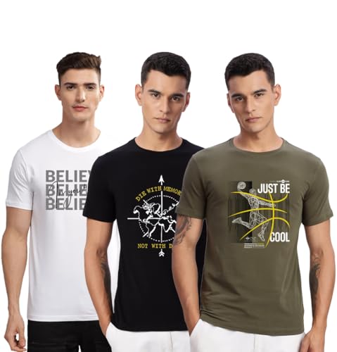 Image of ADRO 100% Cotton Lycra Tshirts for Men Combo Pack of 3 | Regular Fit | Printed T Shirt | Round Neck Half Sleeve| Mens Tshirts
