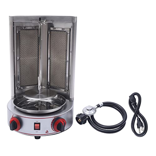 Commercial Gas Shawarma Machine - Vertical Rotisserie Gyro Grill, 360° Rotating Doner Kebab Maker, Countertop Broiler with 2 Burners, LPG Gas Efficient Cooking Equipment