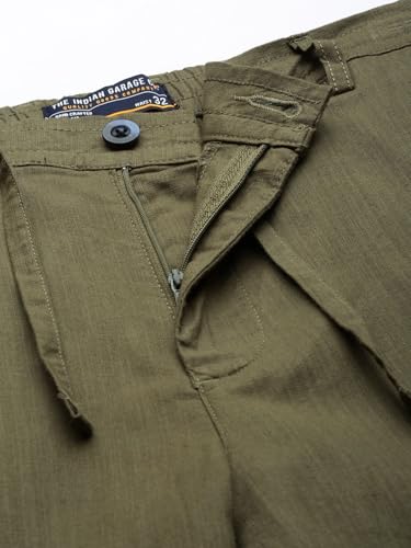 Image of The Indian Garage Co Men Slim Fit Solid Mid-Rise Elasticated Linen Trousers