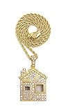 BLINGFACTORY Hip Hop Iced Out Gold Plated Trap House Pendant & 24' Box, Cuban, Rope Chain Necklace (Pendant & Rope Chain)