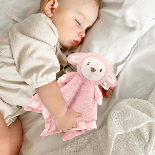 Image of Lamb Security Blanket for Babies, Super Soft Fluffy Snuggle Toy for Newborn Boys and Girls, Stuffed Animal, Pink 13.5 Inch