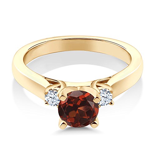 Gem Stone King 18K Yellow Gold Plated Silver Red Garnet 3-Stone Engagement Ring For Women (1.22 Cttw, Round 6MM, Gemstone January Birthstone, Available in Size 5,6,7,8,9)2