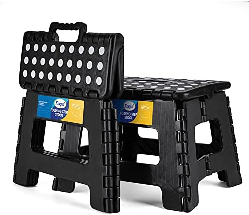Korpai 9" Folding Step Stool for Adults and Kids Holds Up to 300 lbs,Non-Slip Folding Stools with Portable Handle, Compact Plastic Foldable Step Stool for Bathroom,Bedroom, Kitchen,Black, 2PC