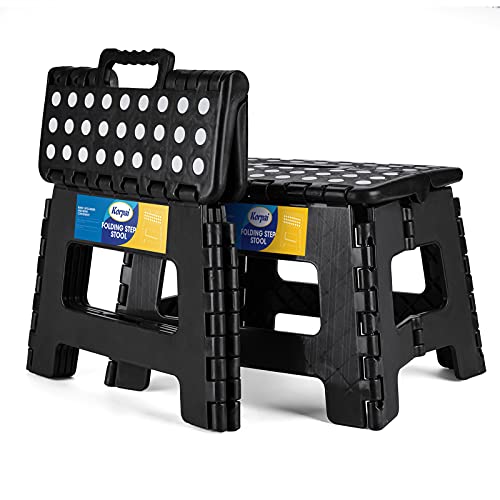 Korpai 9" Folding Step Stool For Adults And Kids Holds Up To 300 Lbs,Non-Slip Folding Stools With Portable Handle, Compact Plastic Foldable Step Stool For Bathroom,Bedroom, Kitchen,Black, 2Pc #TOP28