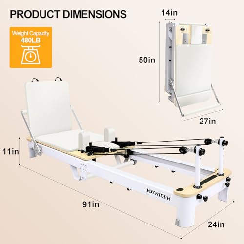 JOYRIDER Pilates Reformer, 91" Foldable Pilates Reformer Machine, Upgrade Pilates Equipment Stability Frame for Advanced and Beginners Users, with 6 Piano Wire Springs, Jump Board,Up to 480 lbs(White) - Thumbnail 6