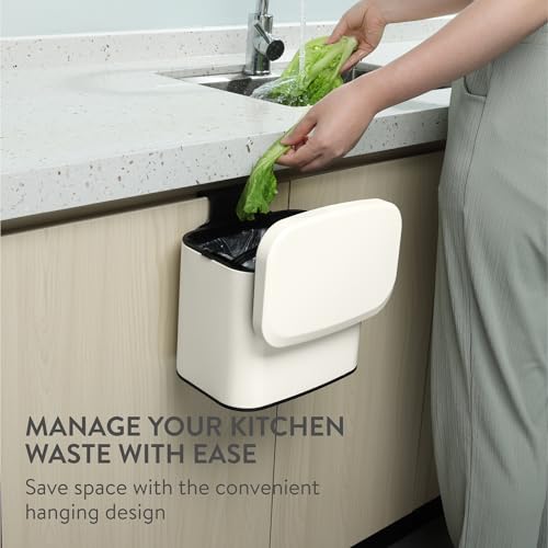 Navaris Hanging Food Waste Bin with Lid, 4L, Cream - Small Compost Food Waste Caddy for Kitchen - Easy Clean Under Sink Trash Bins - Ideal for Wall, In Cupboard Door & Counter Top - Image 2