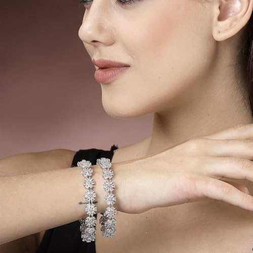 Image of ZENEME Rhodium-Plated Silver Toned White American Diamond Studded Bangle Set for Women and Girls