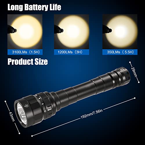 DX30 3100 lumen duiklamp tot 100 m diepte, duiken zaklamp met 3* CREE XPL LED, IPX8 waterdicht onderwater zaklamp oplaadbaar incl. 2 * 18650 accu en oplader - Image 6
